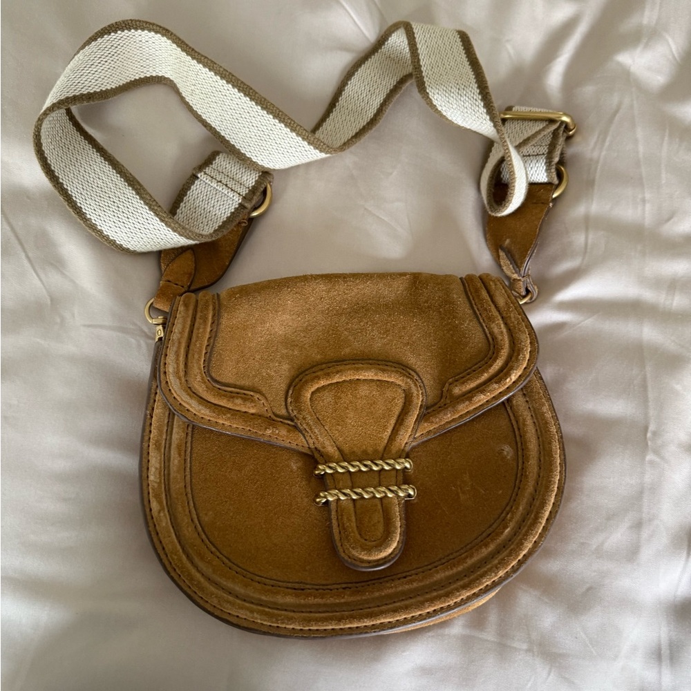 Zara Brown Suede Crossbody Bag with Cream Woven Strap